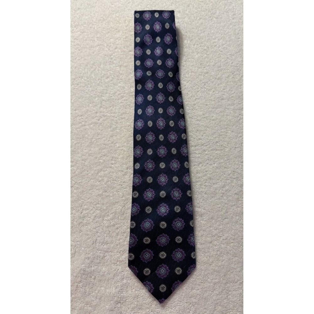 Pronto Uomo Men’s Neck Tie 100% Silk Blue Geometric/ Navy Purple Dots 60" - Picture 2 of 5